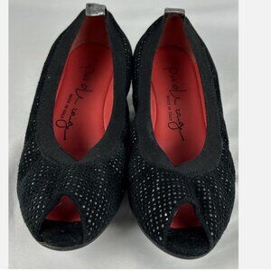Pas De Rouge Black Suede Leather Wedge Heels Pumps Sz 35.5 US 5.5 Italy Peep Toe